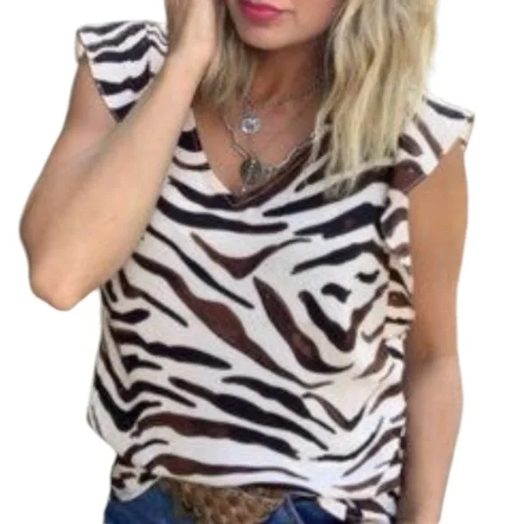 CAbi Brown Zebra Print Ruffle Sleeve Top 3771 Size S - Picture 3 of 12